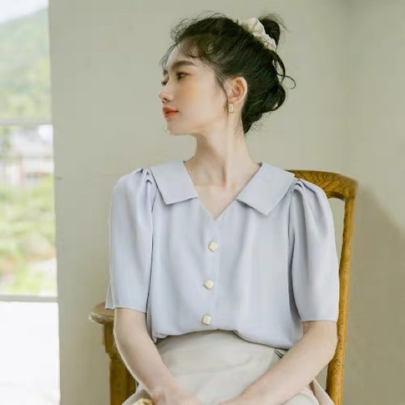 SOLD - Light Blue 3/4 Sleeve Blouse - Picture 3 of 3